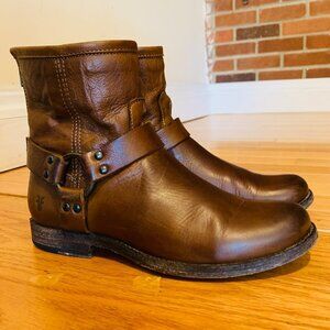 FRYE Vintage Belted Harness Moto Biker Motorcycle Brown Leather Boots